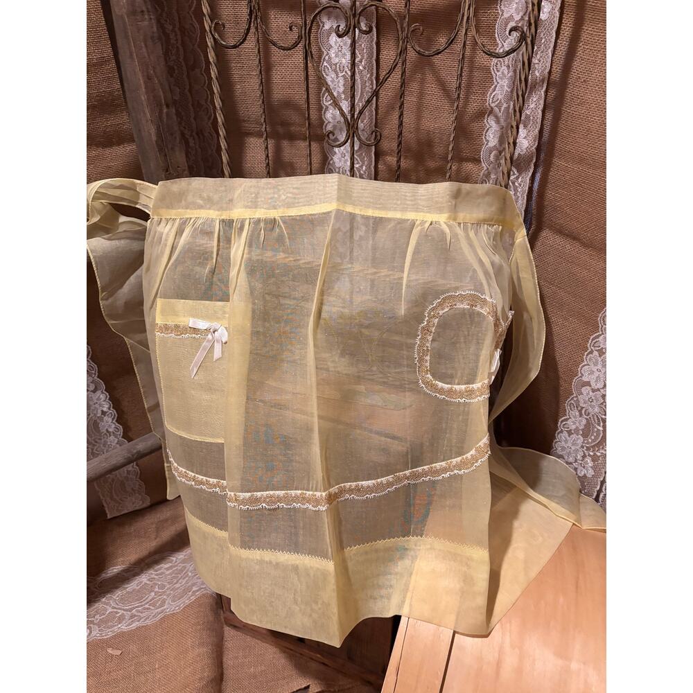 Vintage Yellow Hostess Half Apron Sheer Mid Century Housewife Bow Ribbon